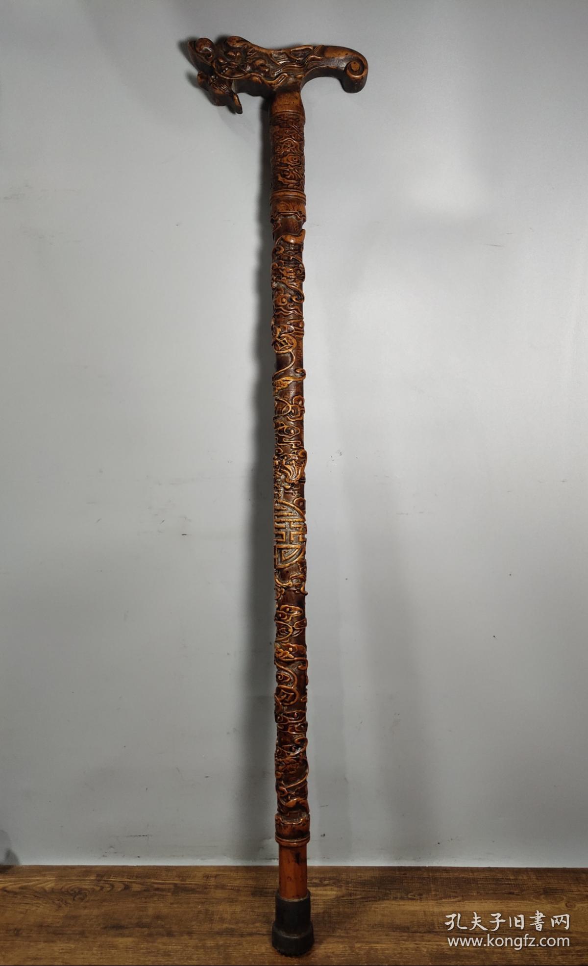 旧藏桃木拐杖老桃木纯手工雕刻五福临门祥云龙头拐杖直径长88厘米宽18