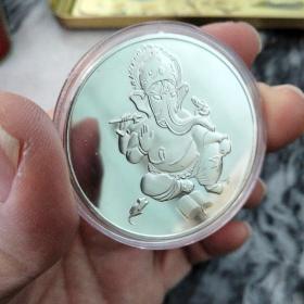印度佛教象鼻神与老鼠镀银纪念币