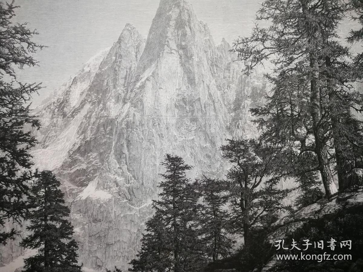 1884年大幅木刻版画法国阿尔卑斯山勃朗峰的高山雪景与维特针峰上的