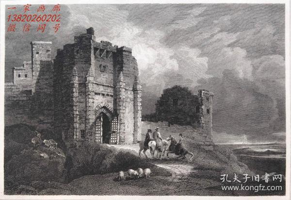 1814年“英格兰和苏格兰古迹”干刻铜版画《英格兰诺森伯兰郡的沃克沃斯城堡的大门》—英国画家 “L.CLENNELL”作品 版画家：J.GREIG 雕刻 尺寸：27x22cm