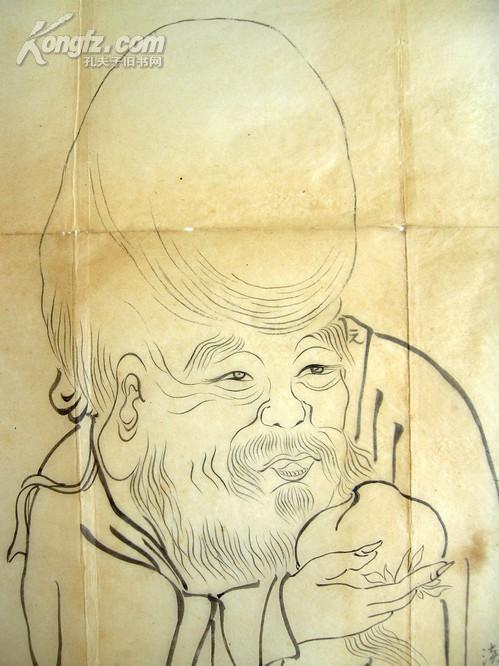 【图】023民国旧画《白描 老寿星 图》线条勾勒流畅 栩栩如生 尺寸45