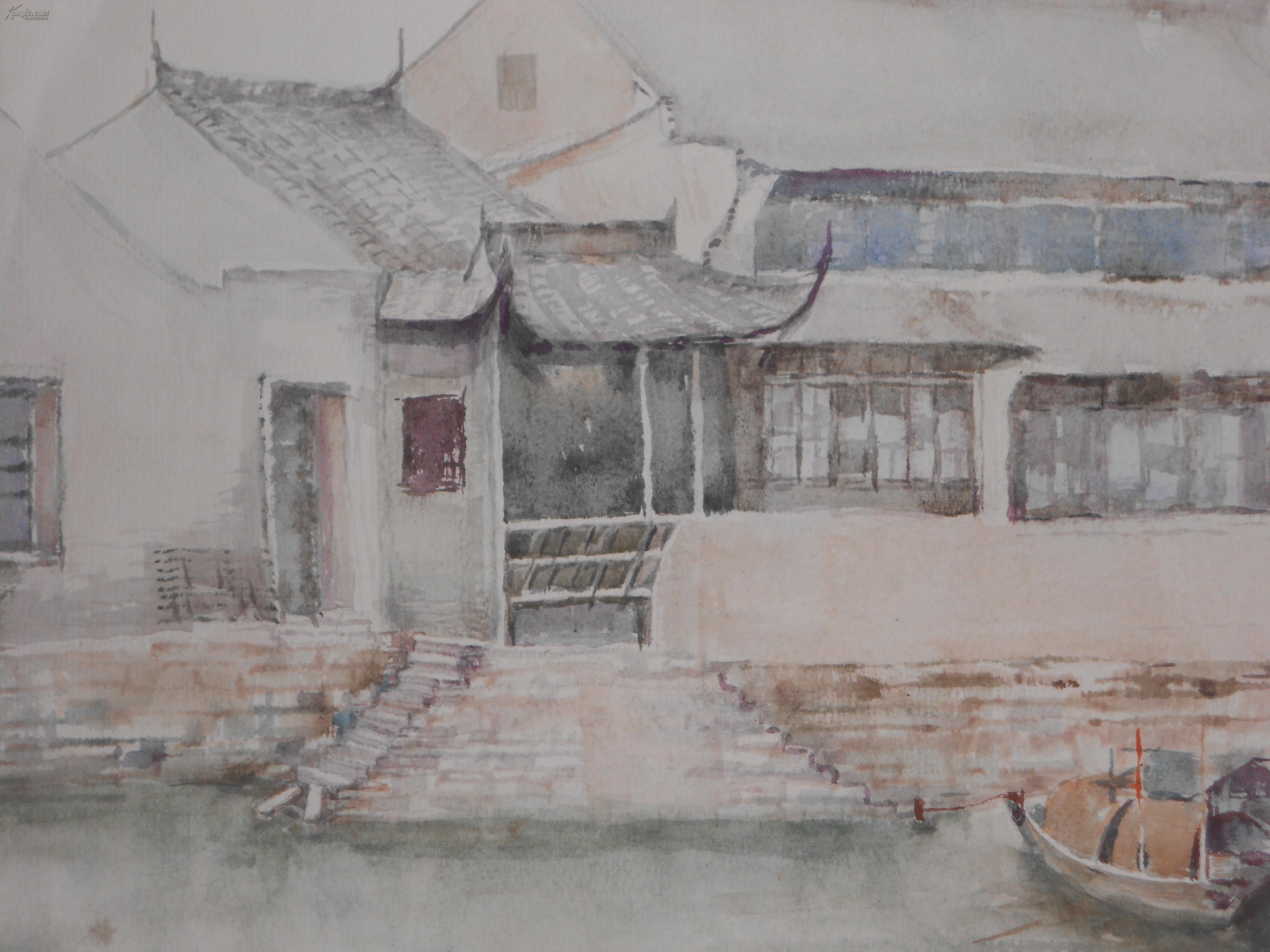 【图】上海水彩画研究会理事 书画研究院画师 池振明 水乡图 真迹,拍