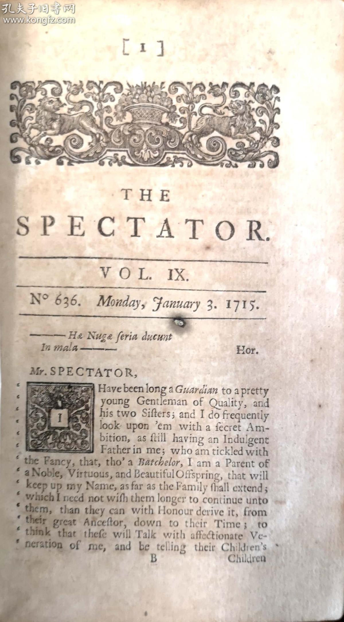 1726 the spectator 《旁观者》杂志,非常罕见的极早期版本,9卷全